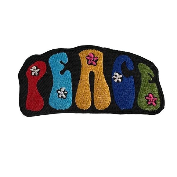 Peace Hippie Flower Rainbow Text Embroidered Patch - Picture 1 of 4